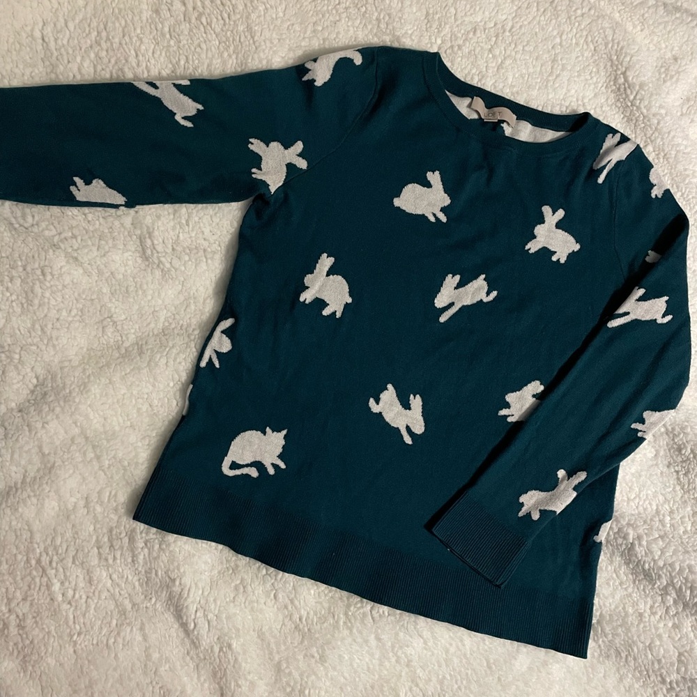 Women’s Loft Teal Bunny Sweater Size Large